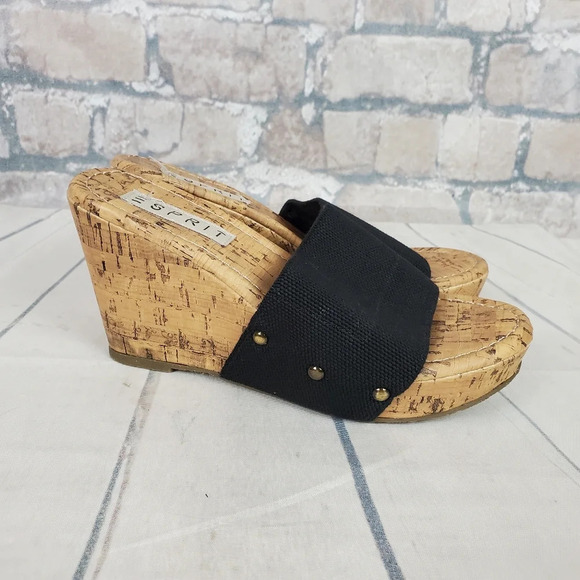 Esprit Platform Wedge Slides Cork Sole Size 38/39 Black Stretch Band - Picture 9 of 15